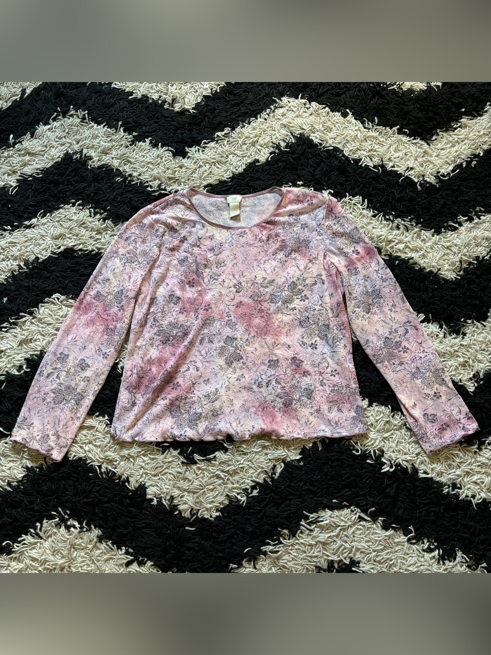 Fairycore Semi Sheer Multicolor Light Pink / Purple Floral Lettuce Hem Shirt